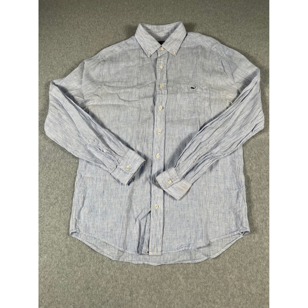 Vineyard Vines Mens Classic Fit Tucker Shirt Blue White Stripe 100% Linen M READ